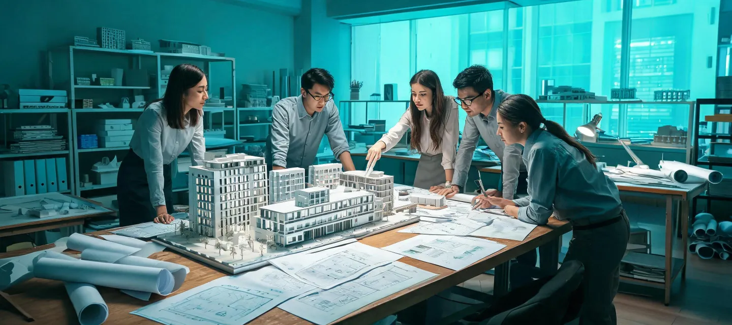 HKS Architects design team collaborating in a studio