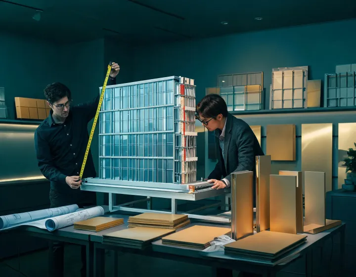 Architects reviewing curtain wall panel mockups on a healthcare campus