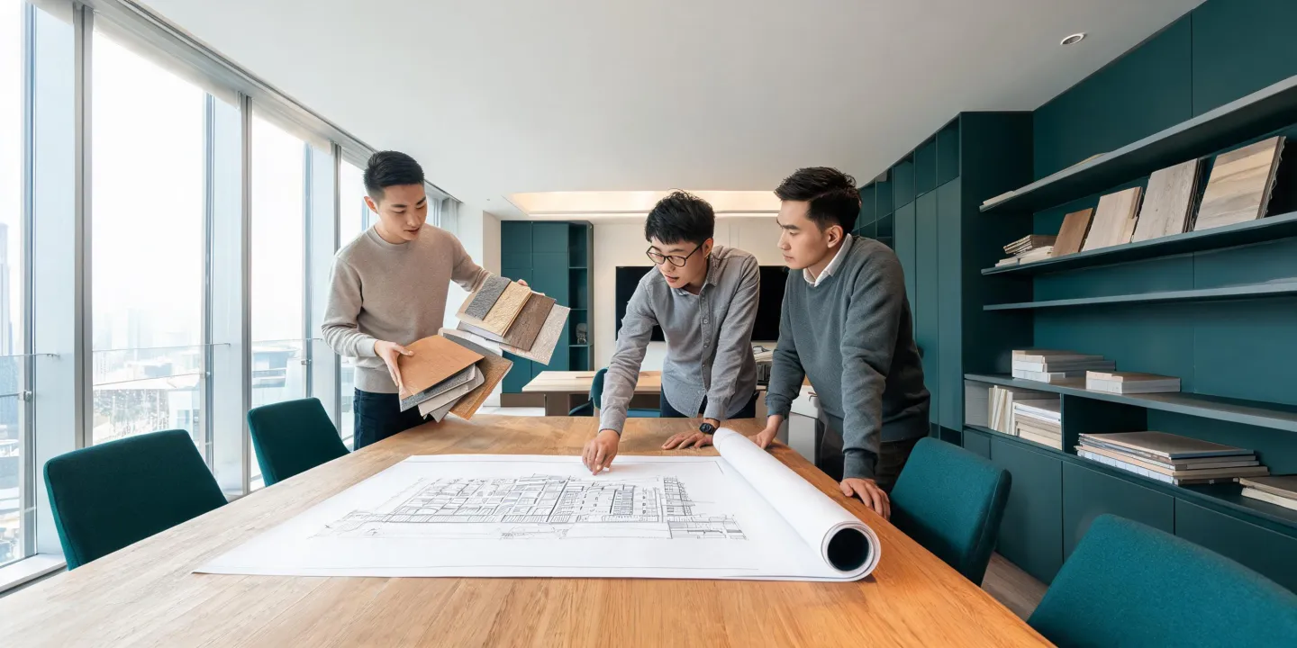 Design team reviewing facade samples in a daylit studio