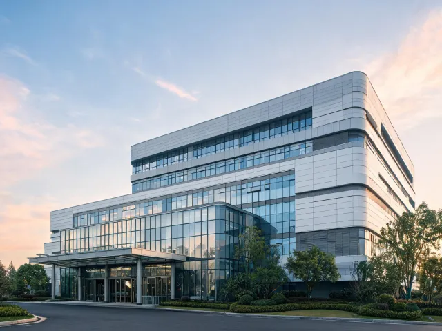 Healthcare campus exterior with high-performance facade panels
