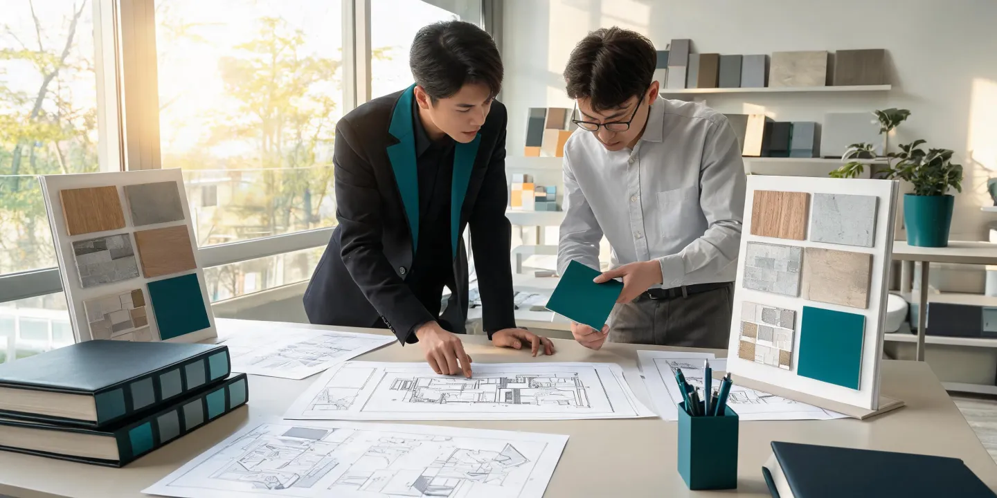 Architects reviewing specification binders and CAD drawings